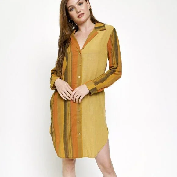 MYSTREE Mustard Rust Striped Button Down Shirt Dress Boho Fall Style - Picture 2 of 7